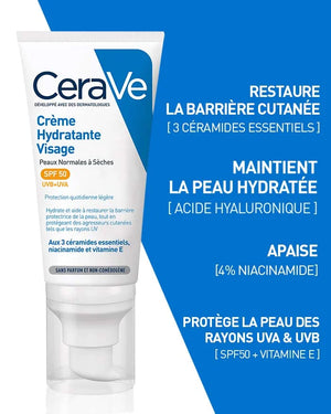 CERAVE CRÈME HYDRATANTE VISAGE SPF50 PEAUX NORMALES À SÈCHES 52ML
