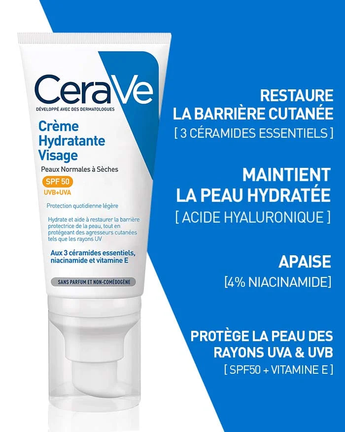 CERAVE CRÈME HYDRATANTE VISAGE SPF50 PEAUX NORMALES À SÈCHES 52ML
