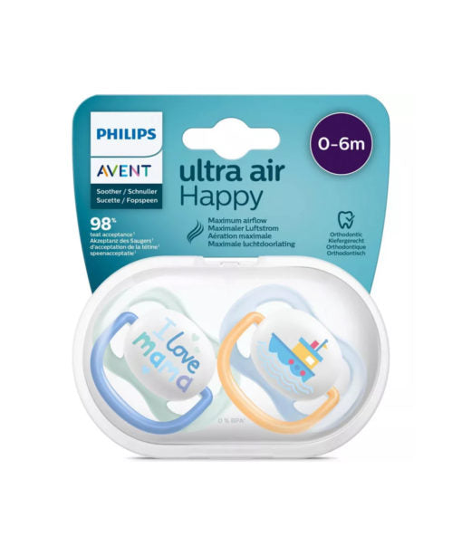 AVENT LOT 2 SUCETTES ULTRA AIR HAPPY 0-6 MOIS Garçon 080/01