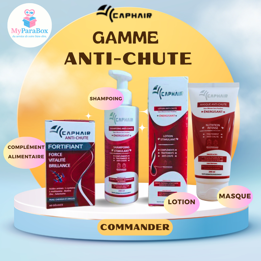 CAPHAIR PACK ANTI-CHUTE COMPLET : SHAMPOING 200 ML + MASQUE 200 ML+ LOTION 125 ML+ COMPLEMENT ALIMENTAIRE 60 GÉLULES