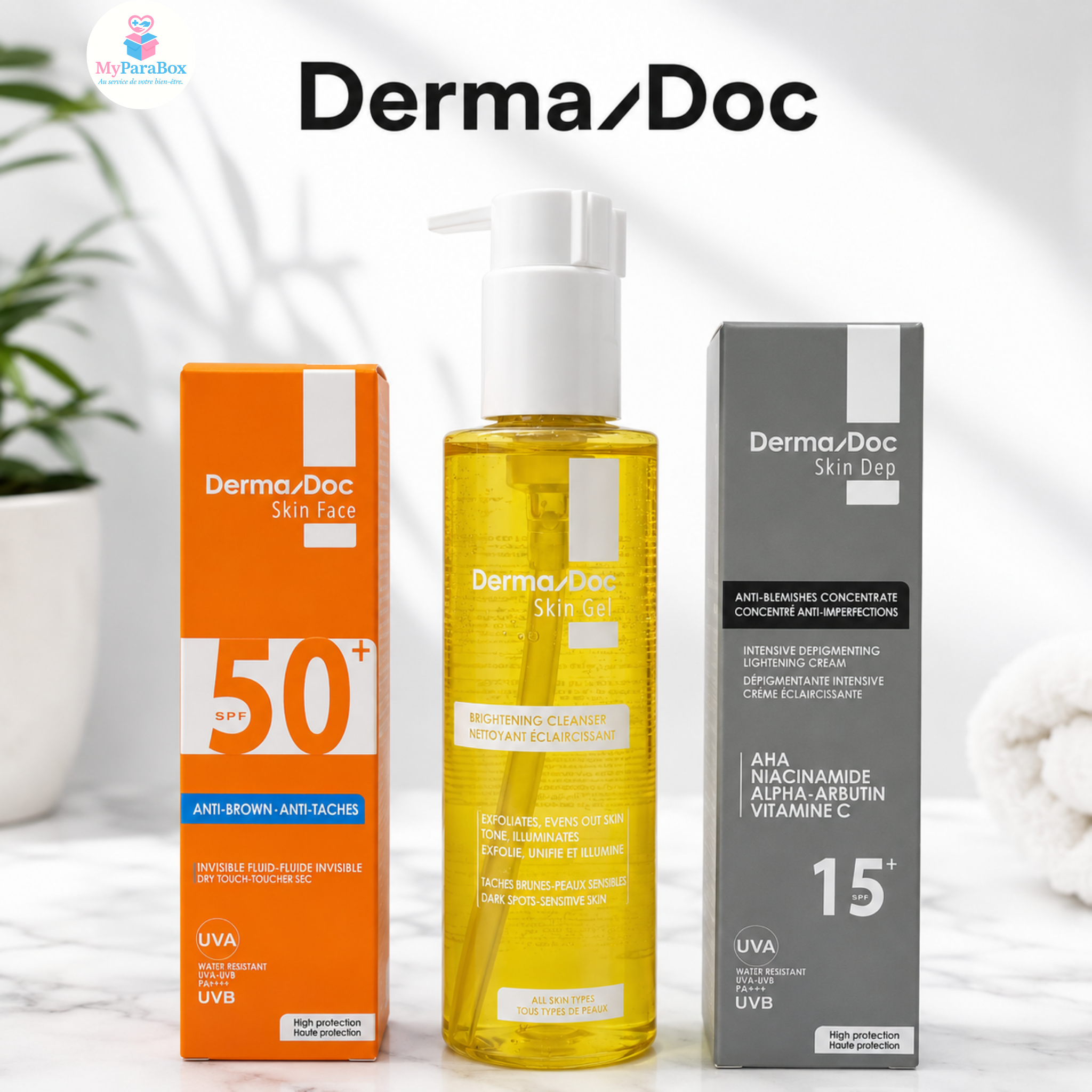 DERMADOC PACK ECRAN SOLAIRE INVISIBLE SPF50+ 50ML+ GEL NETTOYANT ECLAIRCISSANT 200ML+ CREME DEPIGMENTANTE INTENSIVE SPF15+ 40ML