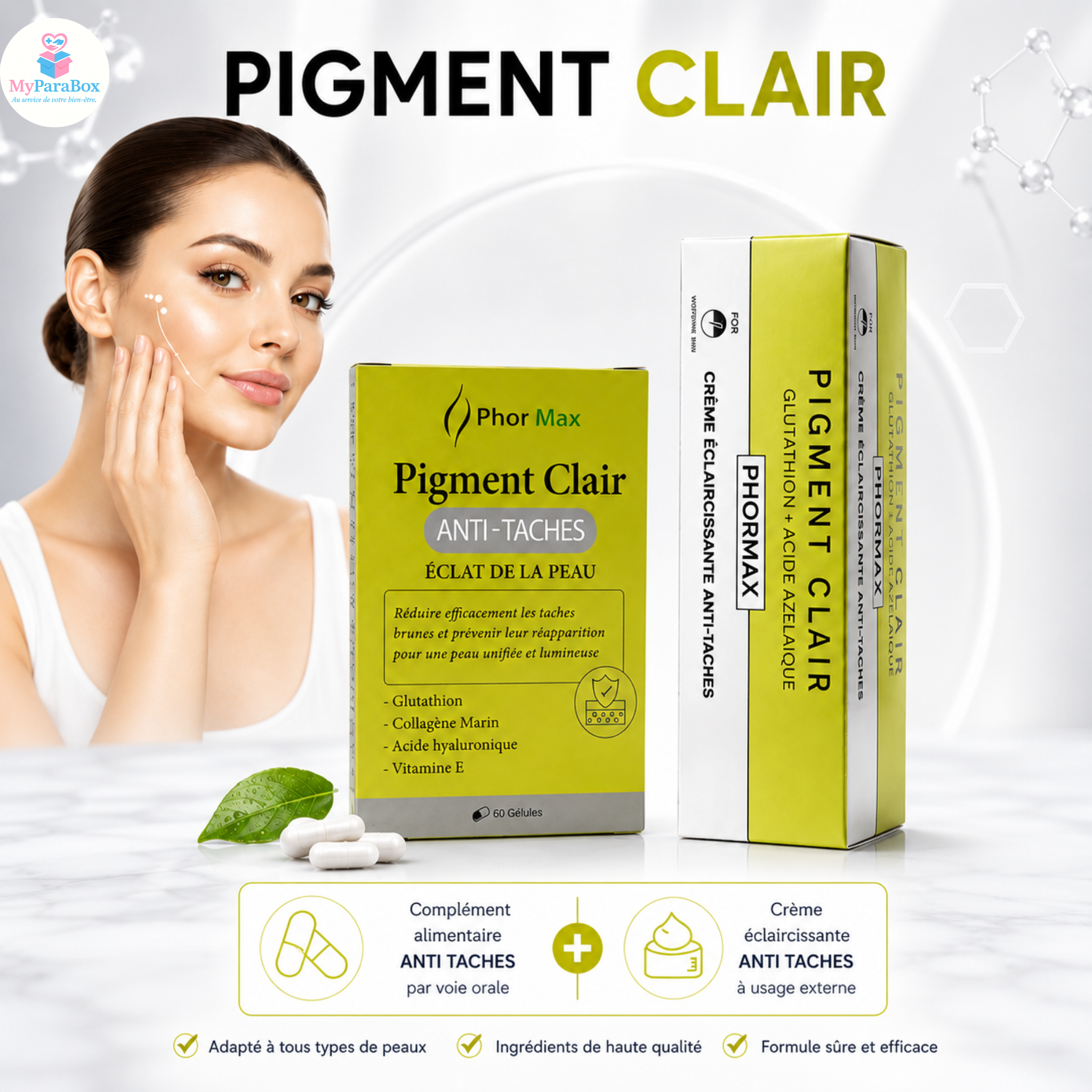 PHORMAX PIGMENT CLAIR DUO COMPLÉMENT ALIMENTAIRE ANTI-TACHES 60 GÉLULES + CRÈME ECLAIRCISSANTE ANTI TACHES GLUTATHION & ACIDE AZÉLAÏQUE