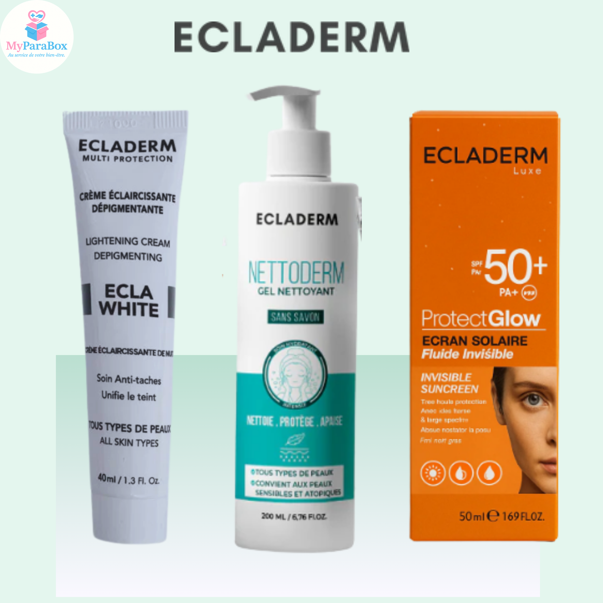 ECLADERM PACK NETTODERM GEL NETTOYANT 200 ML + ECLA WHITE 40 ML + ÉCRAN SOLAIRE FLUIDE INVISIBLE PROTECT GLOW SPF50+ 50 ML