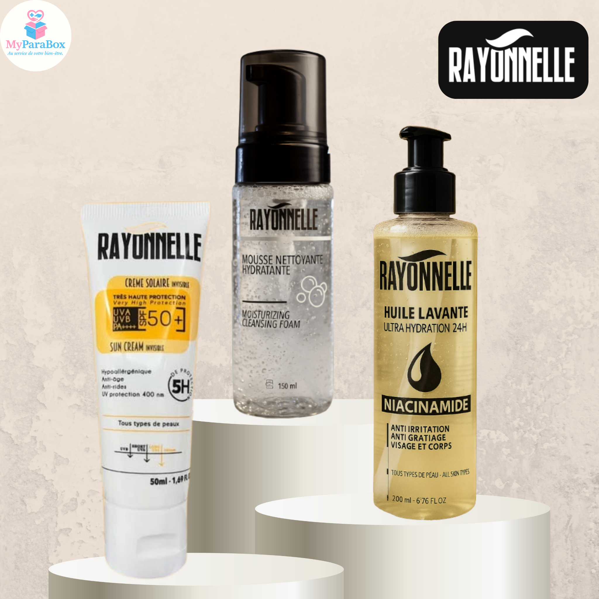 RAYONNELLE – HUILE LAVANTE 200ML + CRÈME SOLAIRE SPF50+ 50 ML + MOUSSE NETTOYANTE 150 ML