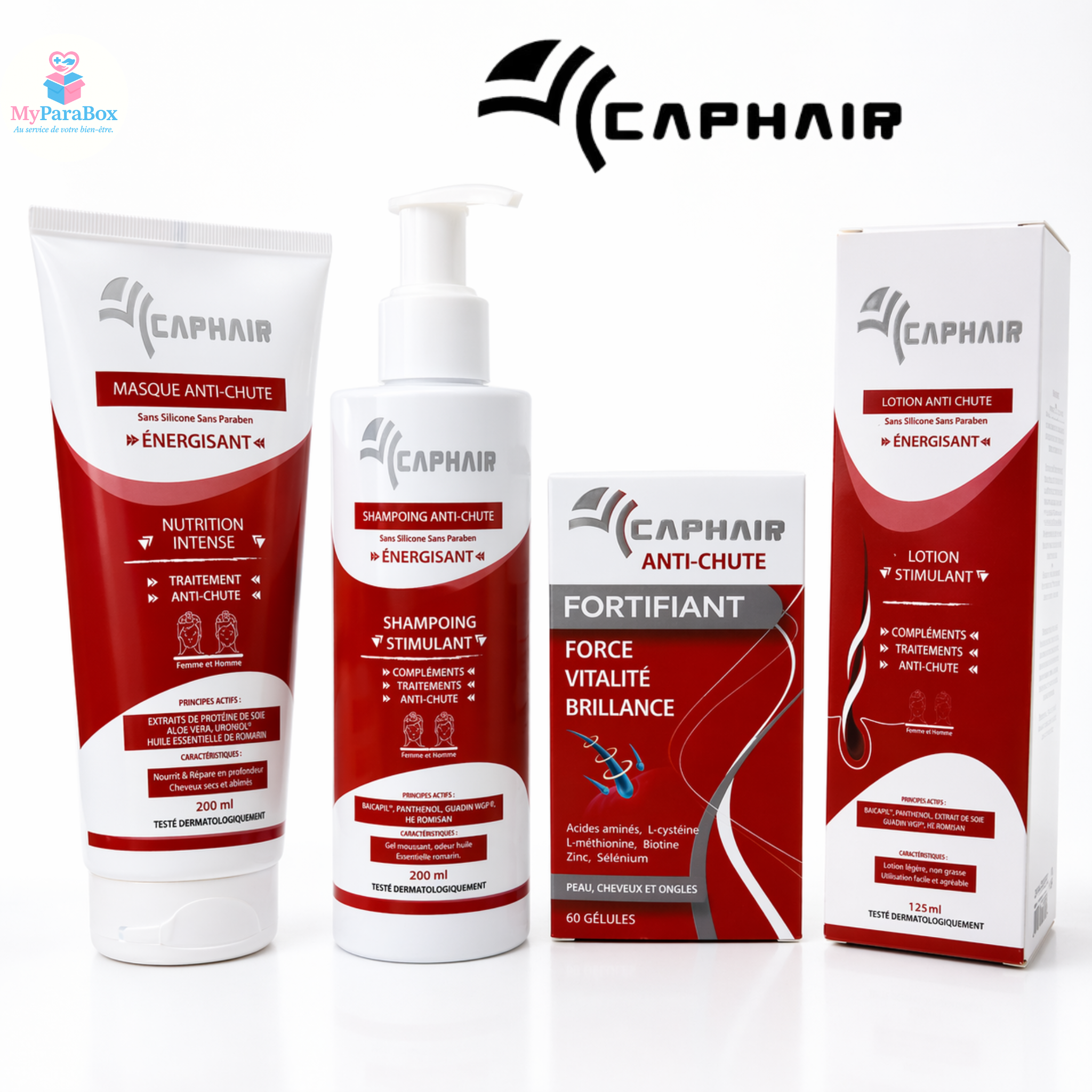 CAPHAIR PACK ANTI-CHUTE : SHAMPOING 200 ML + MASQUE 200 ML+ LOTION 125 ML+ COMPLEMENT ALIMENTAIRE 60 GÉLULES