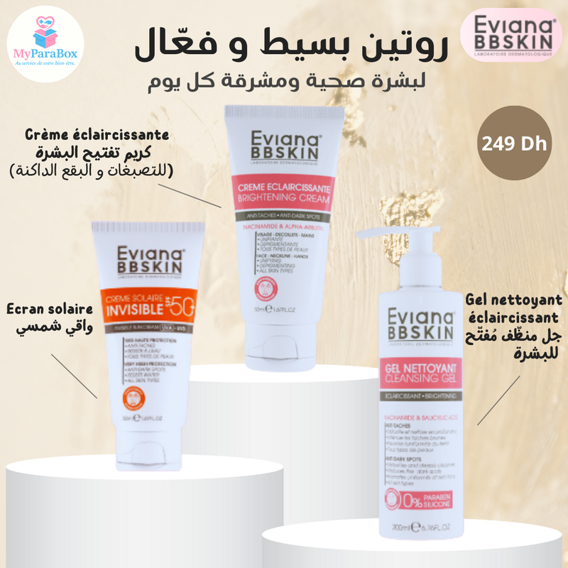 PACK EVIANA BBSKIN CREME ECLAIRCISSANTE + GEL NETTOYANT + ECRAN INVISIBLE