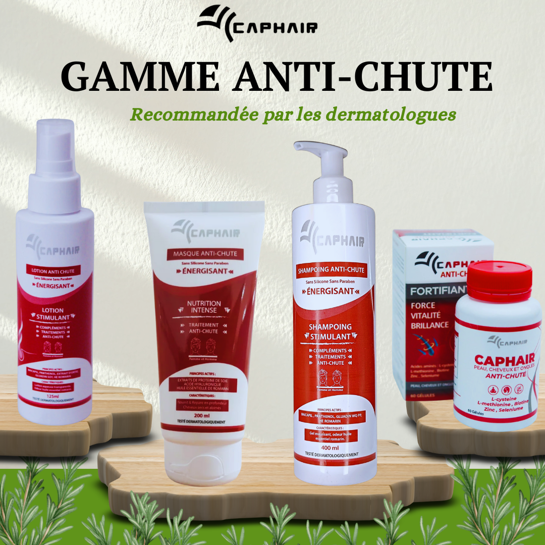 CAPHAIR PACK ANTI-CHUTE : SHAMPOING 400 ML + MASQUE 200 ML+ LOTION 125 ML+ COMPLEMENT ALIMENTAIRE 60 GÉLULES