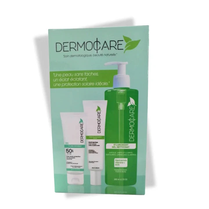 DERMOCARE PACK ECRAN SOLAIRE SPF 50+ + GEL NETTOYANT 200ML + CRÈME ECLAIRCISSANTE