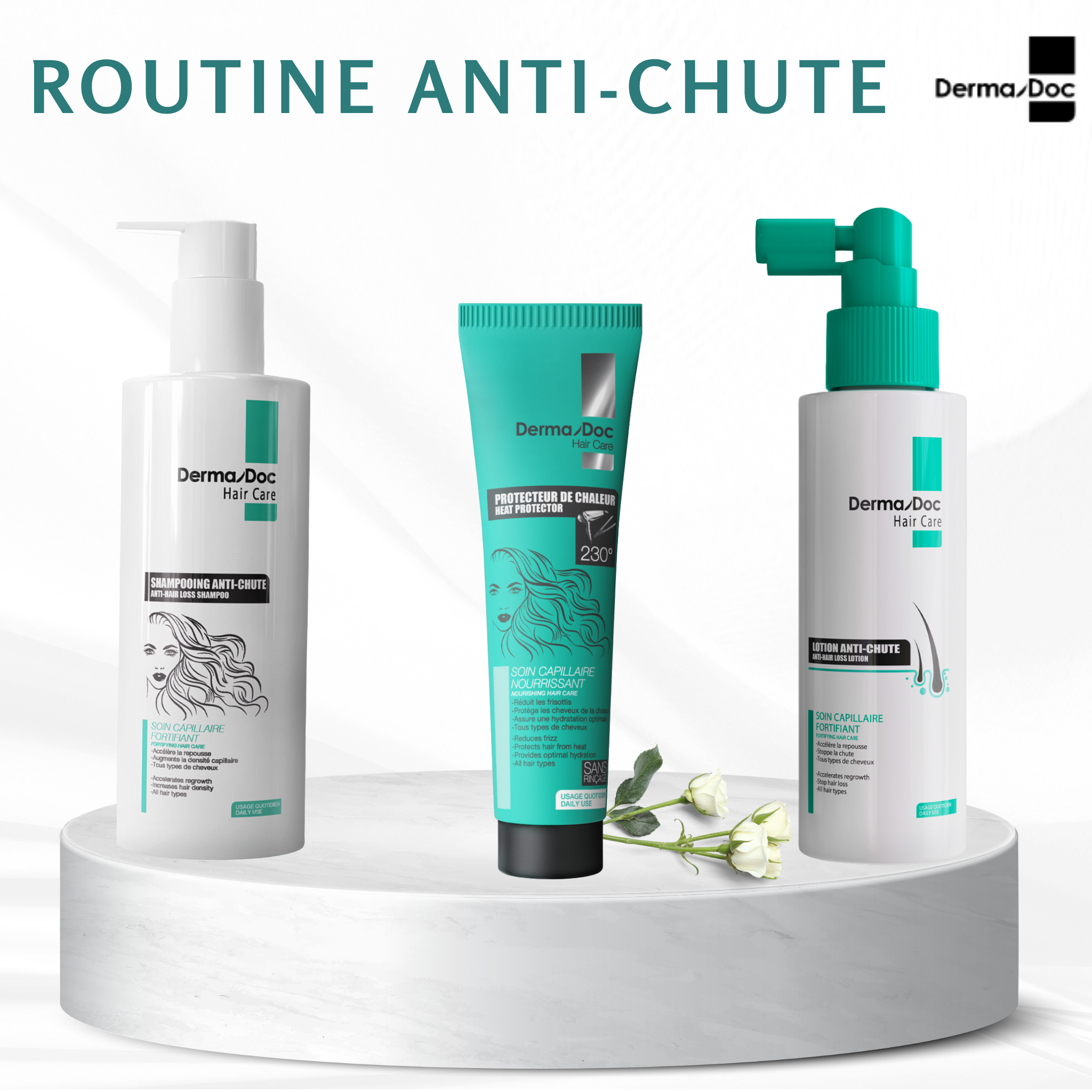 DERMADOC SHAMPOOING ANTI-CHUTE 400 ML + PROTECTEUR DE CHALEUR 100 ML  + LOTION ANTI-CHUTE 125 ML