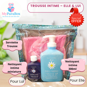 TROUSSE CAMOMILLA BLU DEO FRESH PH 4.5 NETTOYANT INTIME 300 ML + NETTOYANT INTIME ENERGY MAN HOMME PH 5.5 + SERVIETTE TROUSSE