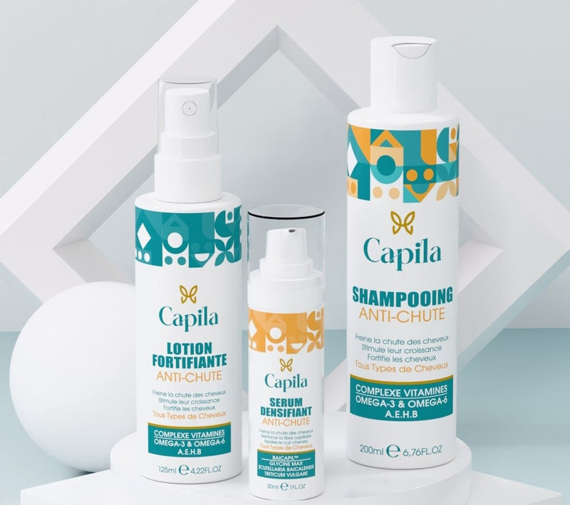 CAPILA GAMME COMPLÈTE ANTI-CHUTE SHAMPOING 200ml +  SÉRUM 30ml +  LOTION 125ml  + MASQUE 200ml