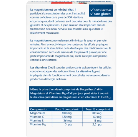 DOPPEL HERZ AKTIV MAGNÉSIUM ET VITAMINES B12+C+E 30 COMPRIMÉS