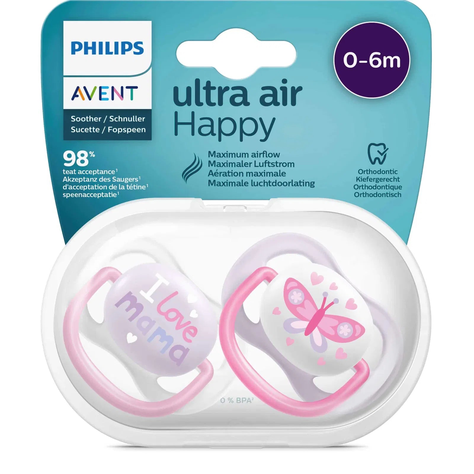 AVENT LOT 2 SUCETTES ULTRA AIR HAPPY 0-6 MOIS Fille 080/02