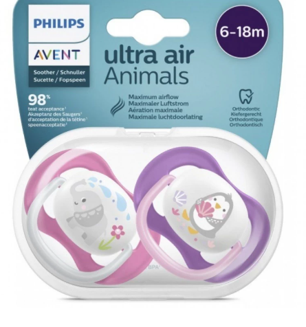 AVENT LOT 2 SUCETTES ULTRA AIR ANIMALS 6-18 MOIS Fille 080/08